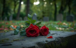 AI generated A moving display of vibrant red roses placed upon a worn grave photo