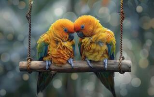 AI generated Image Shows Two Sun Conures Perched Together on a Swing photo