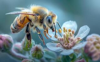 AI generated Detailed Macro Shot of a Bee Amongst Vivid Plants photo