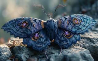 AI generated Noble Blue Moth with Eyeball Motifs photo