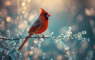 ai generado un vívido cardenal se asienta en un rama cubierto con hielo cristales foto