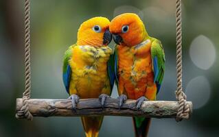 ai generado fotografía representa par de Dom conures acogedor arriba en un columpio foto