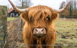 ai generado un noble tierras altas vaca con lustroso Saco compañeros curiosamente foto