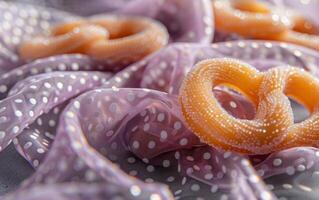 AI generated Sugar Crystal Encrusted Pretzels Resting on Purple Fabric photo