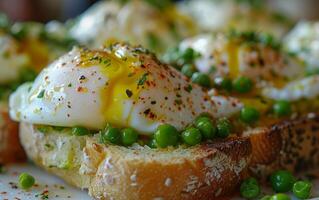 AI generated Sesame Sourdough Toast Featuring Perfectly Cooked Egg and Vibrant Green Peas photo