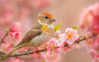 AI generated A branch festooned with pink blossoms cradles a delicate finch photo