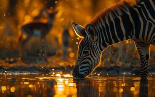 AI generated Close up of a young zebra quenching its thirst in a tranquil pond photo