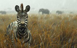 ai generado en medio de el lluvia, un alerta cebra en el africano llanuras foto