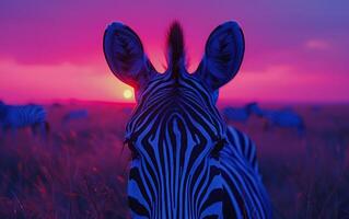 ai generado sorprendentes cebra silueta contrastes en contra africano sabana rosado puesta de sol fondo foto