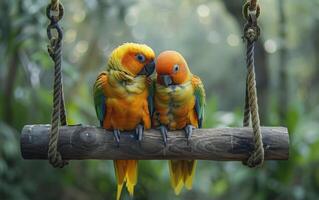 AI generated Image Shows Two Sun Conures Perched Together on a Swing photo