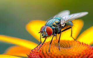 ai generado ampliado en ver de un mosca doméstica descansando en un amarillo flor foto