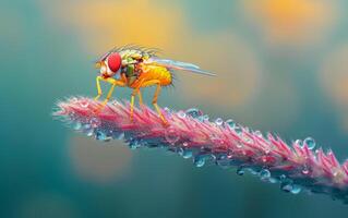 AI generated Housefly Perfectly Balanced on a Wet Grass Blade photo