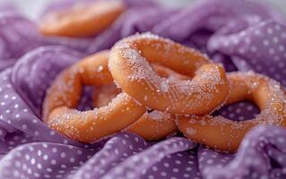 AI generated Purple Fabric Displaying Pretzels Covered in Sugar Crystals photo