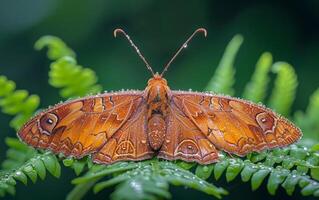 AI generated Mahogany Butterfly with Detailed Eye Impressions on Its Wings, Resting Amongst Green Leaves photo