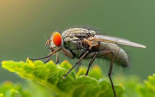 ai generado mosca doméstica descansando en un vívido verde rizado helecho fronda foto