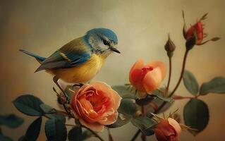 AI generated An enchanting Blue Tit settles curiously on a blossoming rose twig photo