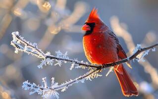 ai generado un animado cardenal se sienta encima un escarchado rama foto