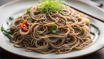 ai generado soba tallarines en lámina, japonés comida foto