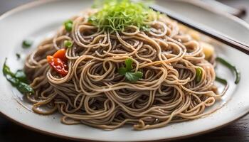 AI generated Soba noodles on plate, Japanese food photo