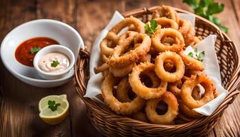 AI generated Fried calamari rings in wicker basket and dip sauce photo