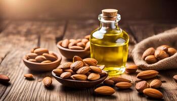 AI generated Almond oil in glass bottle and almonds on wooden table photo