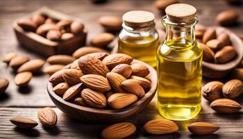 AI generated Almond oil in glass bottle and almonds on wooden table photo