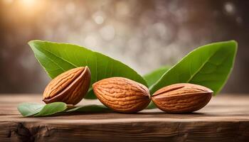 AI generated Almond with leaves on wooden table photo
