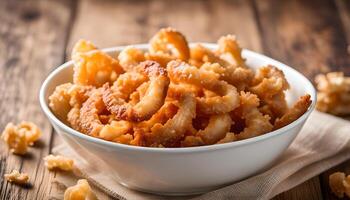 AI generated Pork rind, pork crackling in white bowl photo