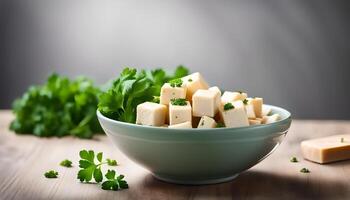 AI generated Tofu cubes in bowl and parsley photo