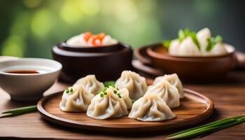 AI generated Steamed dumplings on wooden plate photo