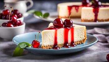 AI generated Cold cheesecake with cherry jelly. photo