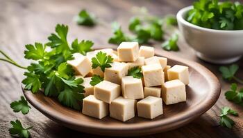 AI generated Tofu cubes in bowl and parsley photo