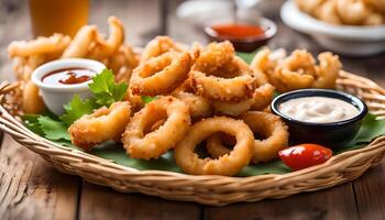 AI generated Fried calamari rings in wicker basket and dip sauce photo