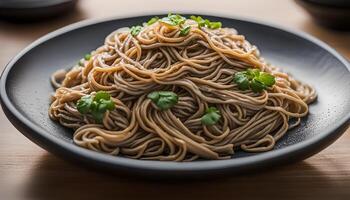 AI generated Soba noodles on plate, Japanese food photo