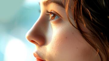 AI generated Thoughtful young woman looking out window with sunlight on her face photo