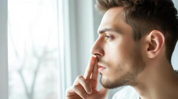 AI generated Close-up portrait of a young man with freckles and red beard, confidently looking at the camera photo