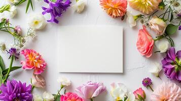 AI generated Close-up floral frame of fresh flowers on white background with blank vertical white letterhead. Juicy gerberas, delicate daisies - a beautiful background with space for text. photo