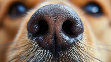 ai generado el perros nariz es negro y húmedo, y eso tiene largo, blanco bigotes. el antecedentes es fuera de atención y es un marrón color. foto