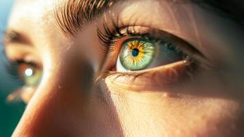 ai generado de cerca imagen de un hermosa hembra ojo con un verde iris. abierto ojo, macro fotografía. macro de humano ojo. foto