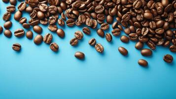 AI generated Coffee beans on a vibrant blue background, creating a cozy cafe ambiance. photo