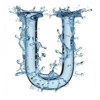 AI generated Latin letter U, texture of water, ice and splashes on white background. Close-up of one isolated large letter U. photo