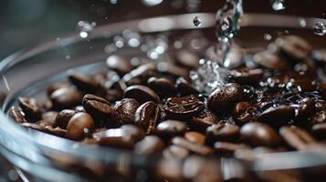 ai generado café frijoles derramar desde vaso cuenco con agua salpicaduras en lento movimiento foto