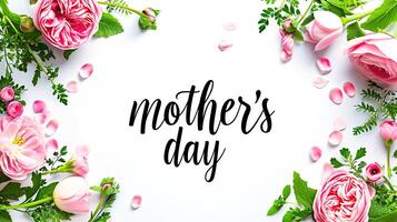 AI Generated Mother's Day greeting card with pink flowers and green leaves on white background. photo