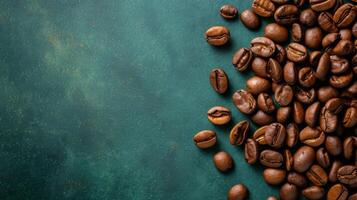 AI generated Freshly roasted coffee beans on green background, perfect for coffee shop or aroma ad photo