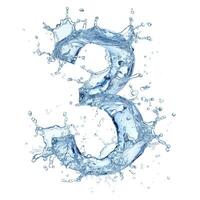 AI generated Number 3 made from water splashes. Blue water splash alphabet isolated on white background. Stylized font, capital number 3. Water splash text, letter 3. photo
