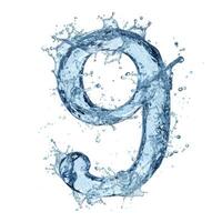 AI generated Light blue water drops in shape of the number nine on white background close-up. Number 9 made from water splashes. photo