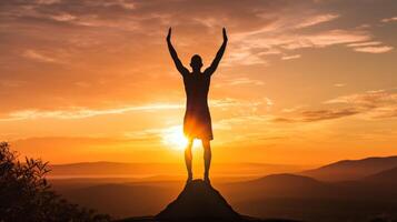 AI generated Ecstatic male tourist raising arms in triumph on mountain summit at sunrise photo