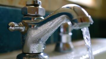 ai generado agua es fluido desde el grifo. condensación en un frío agua grifo. foto