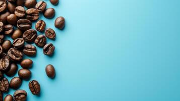 AI generated Coffee beans on a vibrant blue background, creating a cozy cafe ambiance. photo