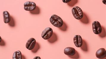 AI generated Coffee beans scattered on a pink background creating a seamless pattern. photo